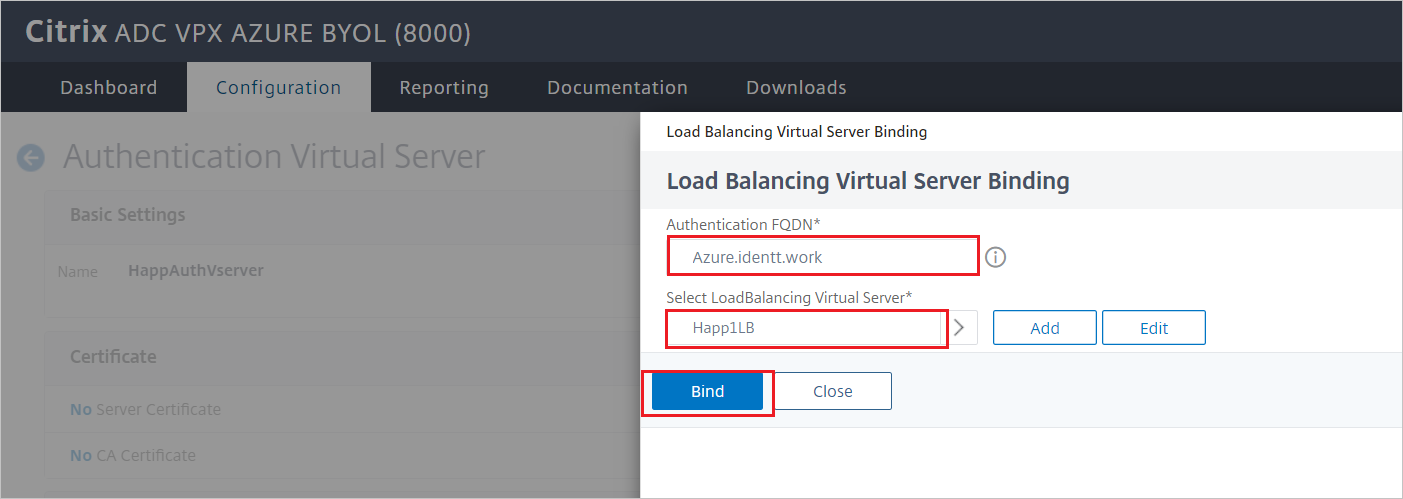 Citrix ADC-Konfiguration: Bereich zum Binden des virtuellen Lastenausgleichsservers