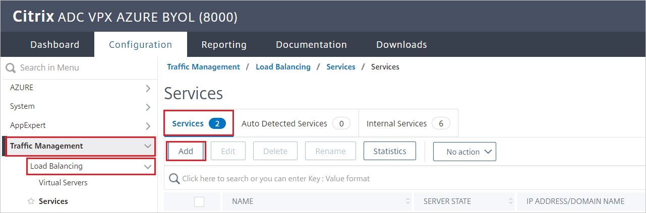 Citrix ADC-Konfiguration: Bereich „Dienste“