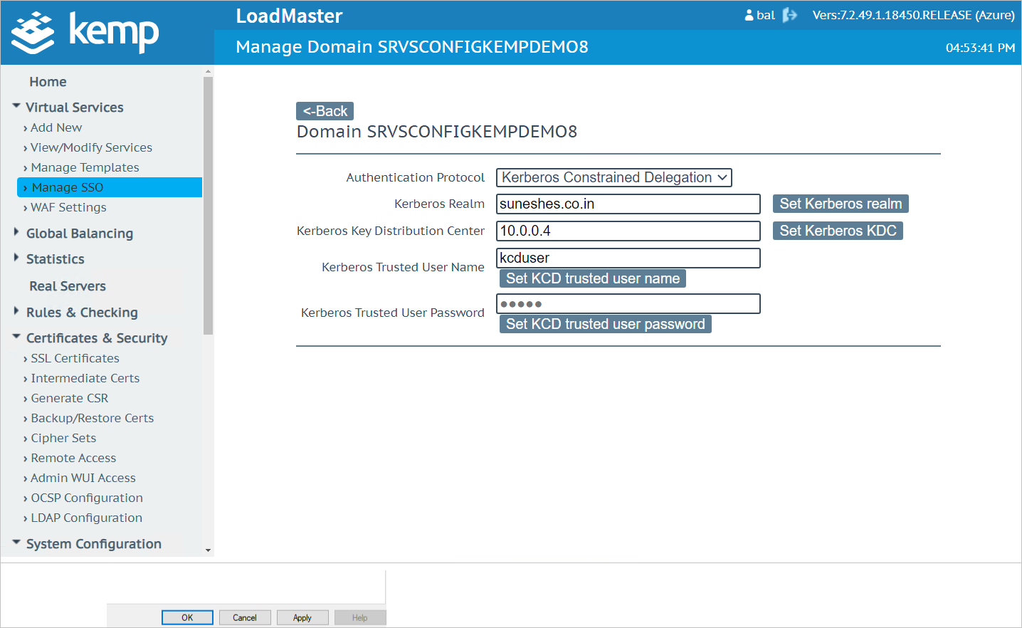 Screenshot: „Manage SSO“ – „Manage Domain“ (SSO verwalten – Domäne verwalten).