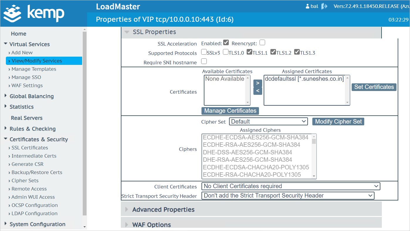 Screenshot: Abschnitt „SSL Properties“ (SSL-Eigenschaften) mit Auswahl der Option „SSL Acceleration“ – „Enabled“ (SSL-Beschleunigung – Aktiviert) und eines Beispielzertifikats.