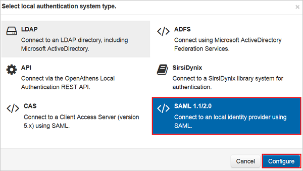 Screenshot: Dialogfeld „Select local authentication system type.“ (Typ des lokalen Authentifizierungssystems auswählen), „SAML 1.1/2.0“ und die Schaltfläche „Konfigurieren“ sind ausgewählt.