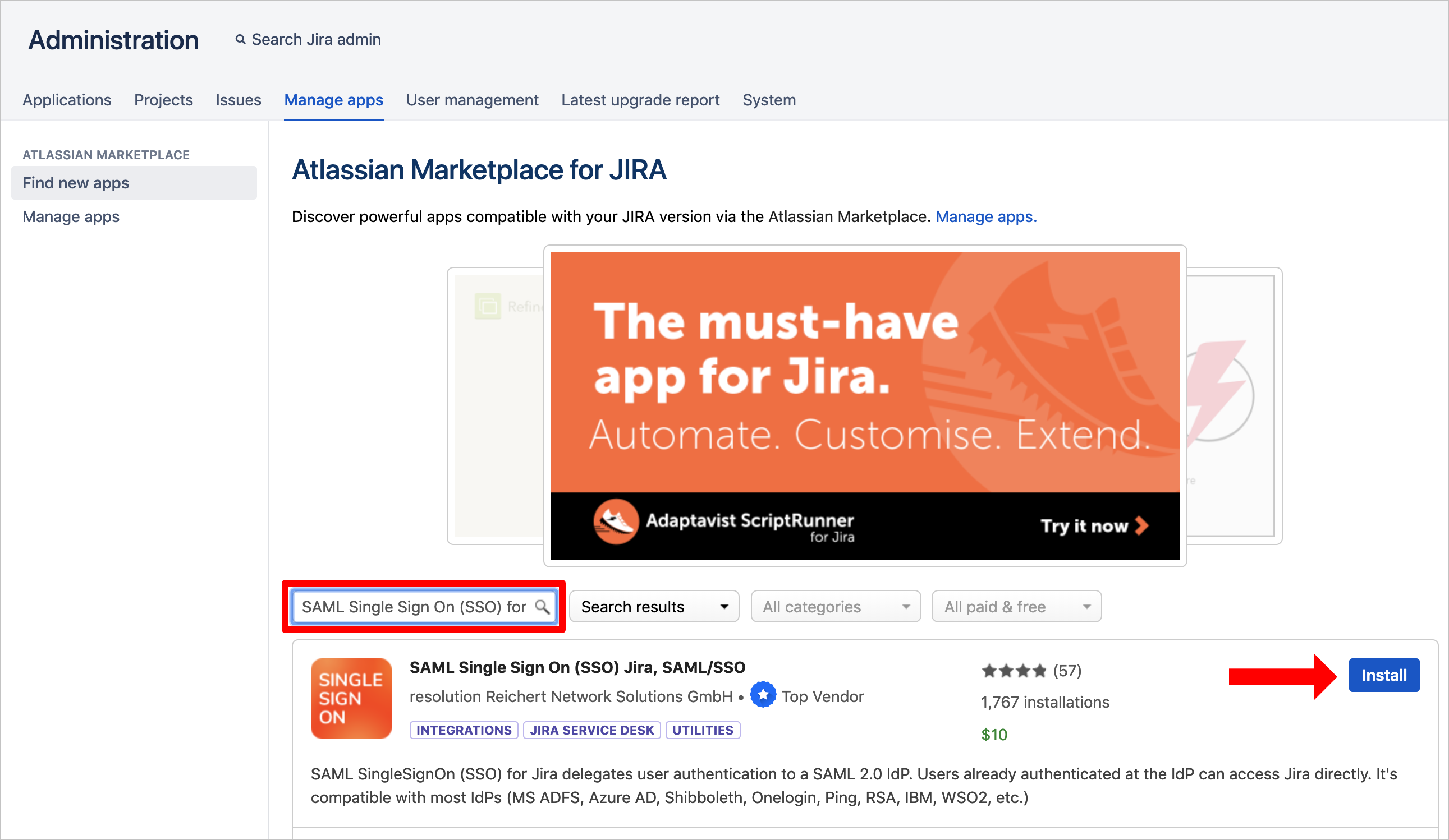 Screenshot: Seite „Atlassian Marketplace for JIRA“ (Atlassian-Marketplace für JIRA) mit einem Pfeil, der auf die Schaltfläche „Install“ (Installieren) für die App „SAML Single Sign On (SSO) Jira, SAML/SSO“ zeigt