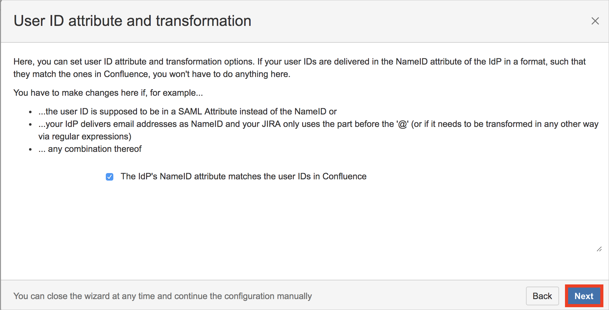 Screenshot: Seite „User ID attribute and transformation“ (Benutzer-ID-Attribut und Transformation) mit ausgewählter Schaltfläche „Next“ (Weiter)