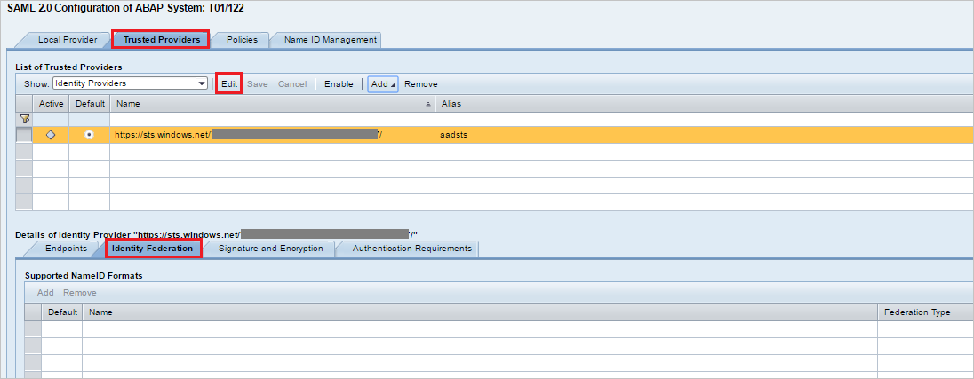 The Trusted Provider and Identity Federation tabs in SAP