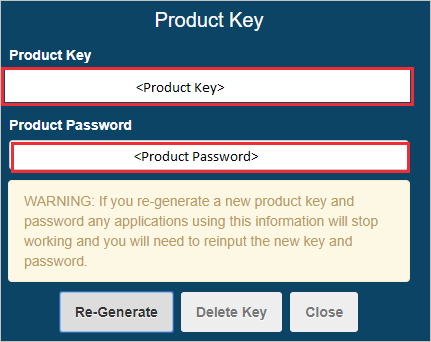 Screenshot: Abschnitt „Product Key“ mit den hervorgehobenen Textfeldern „Product Key“ und „Product Password“ (Produktkennwort).