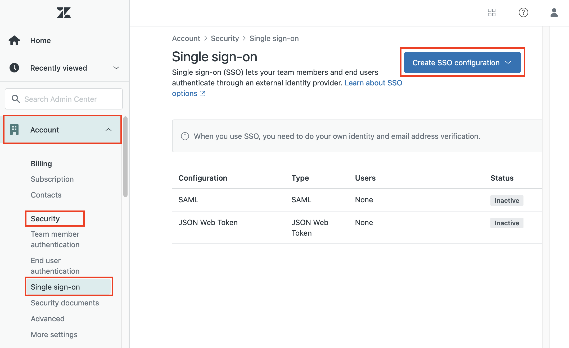 Screenshot des Zendesk Admin Center mit ausgewählter Option für Sicherheitseinstellungen