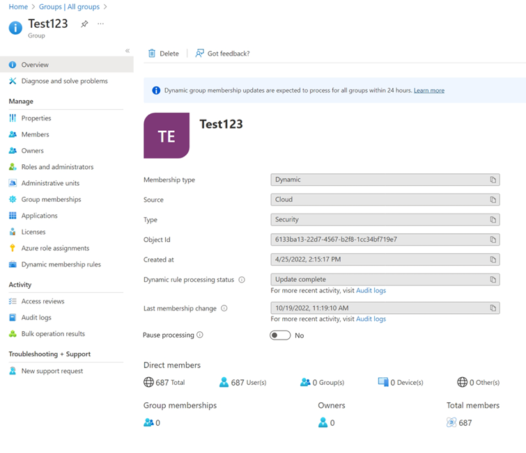 Screenshot eines Diagramms des dynamischen Status der Mitgliedergruppe.