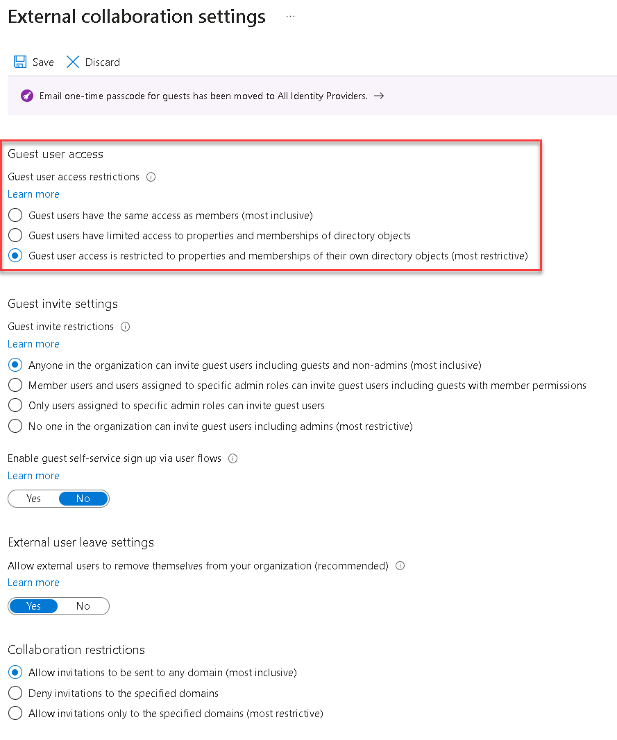 Screenshot: Seite mit Einstellungen für die externe Zusammenarbeit in Microsoft Entra.