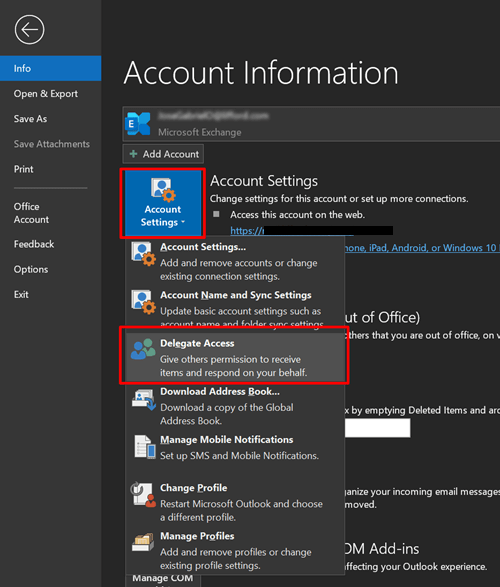 Zugriffseinstellung in Outlook delegieren.