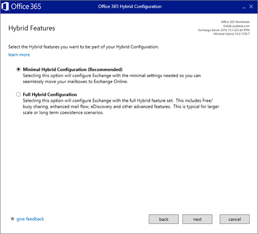 Wählen Sie auf der Seite Hybridfeatures die Option Minimale Hybridkonfiguration aus.