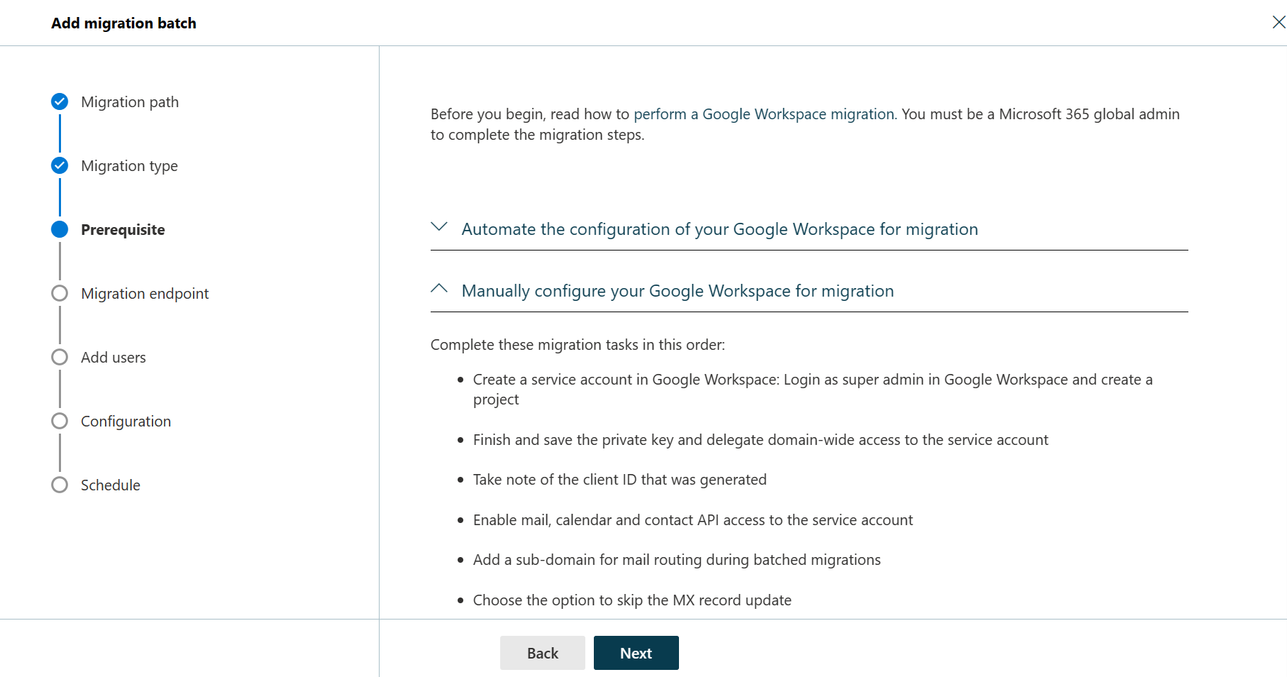 Screenshot der dritten Schritte des Migrationsbatch-Assistenten, in dem die Migration des Google-Arbeitsbereichs manuell konfigurieren ausgewählt ist.