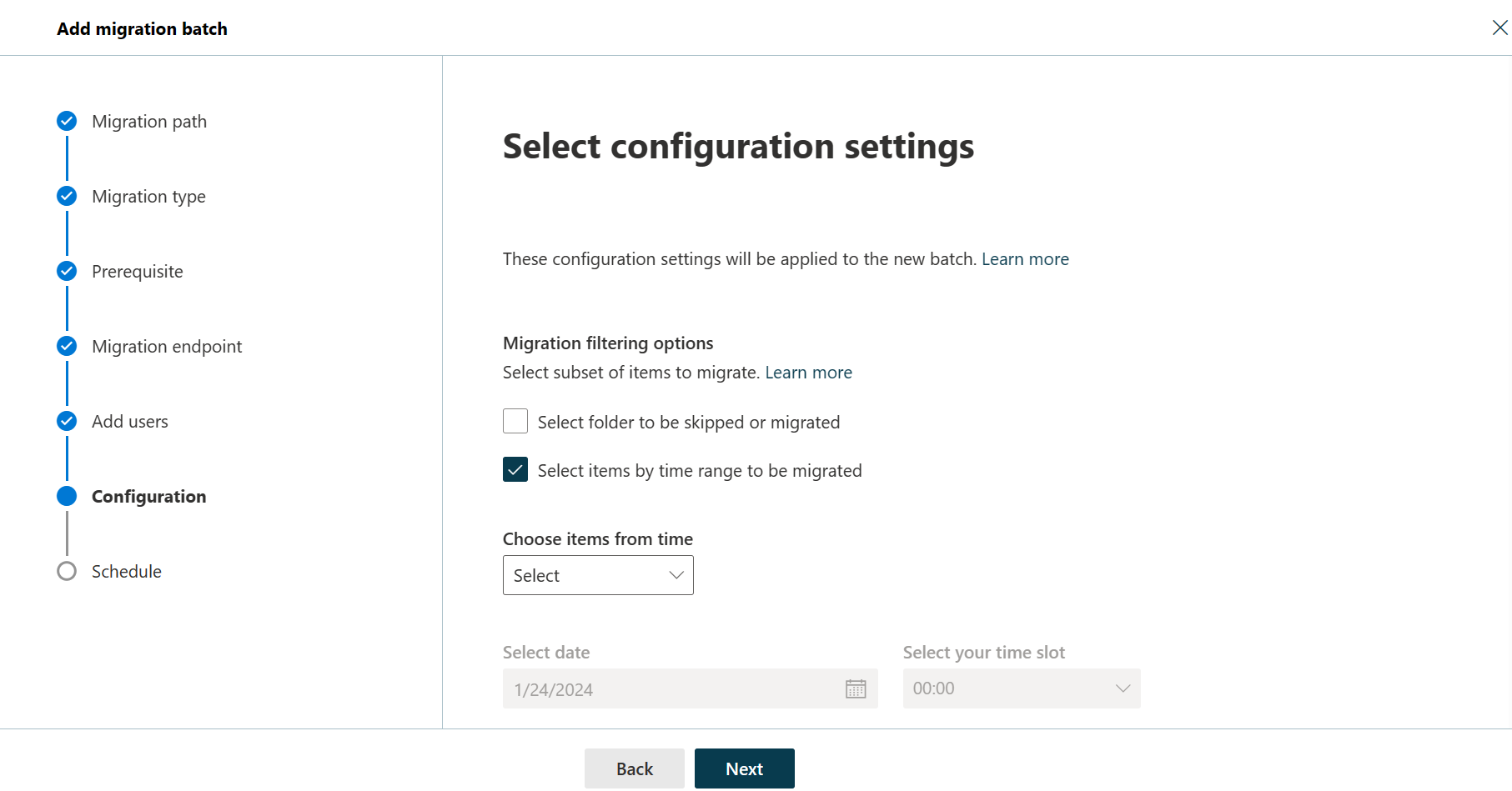 Screenshot des sechsten Schritts des Assistenten zum Hinzufügen von Migrationsbatches mit Filteroptionen.