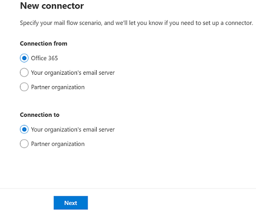 Der Bildschirm, auf dem ein Connector von Office 365 zum E-Mail-Server Ihrer Organisation erstellt wird