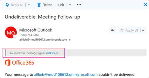 Der Screenshot zeigt einen Teil einer unzustellbaren Unzustellbarkeitsnachricht mit der Option zum erneuten Senden der Nachricht.
