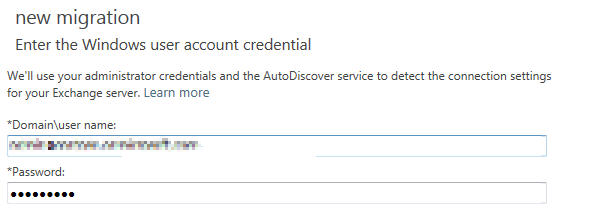 Screenshot der Seite Geben Sie die Anmeldeinformationen des Windows-Benutzerkontos für die mehrstufige Migration ein.