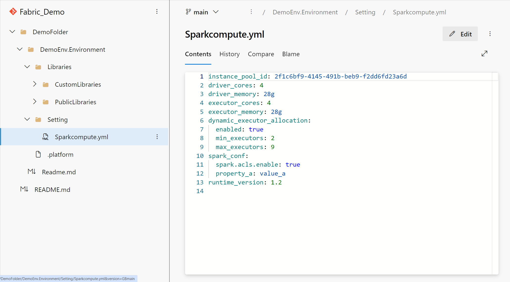 Screenshot der lokalen Darstellung der Spark Computeumgebung in Git.