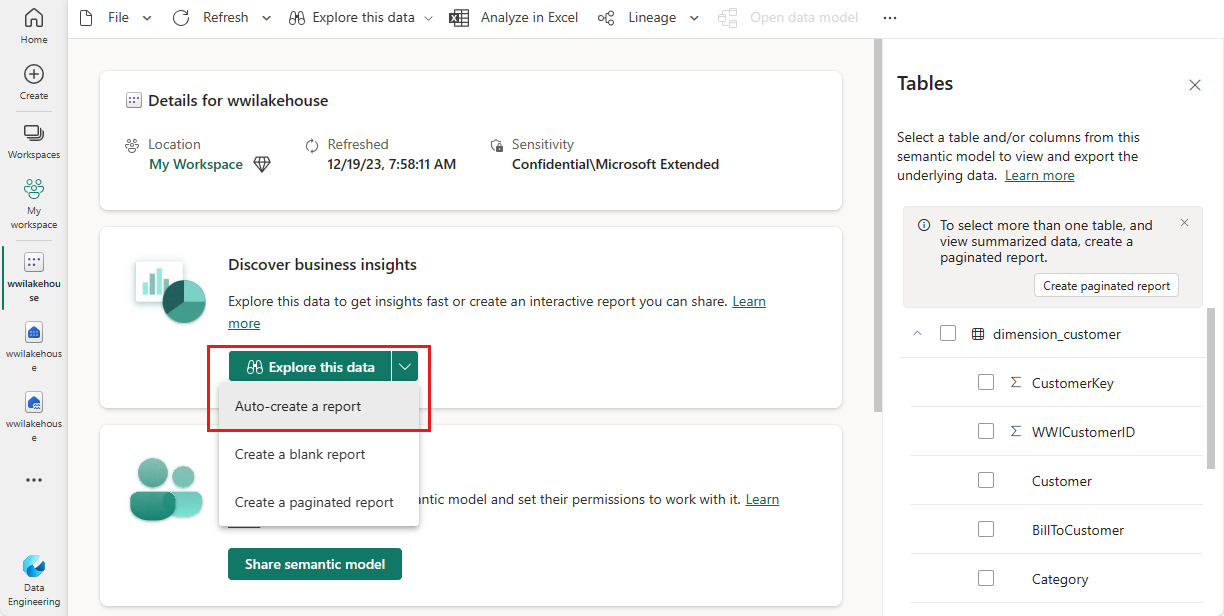 Screenshot: Detailseite des Semantikmodells mit markierter Position von „Bericht erstellen“.