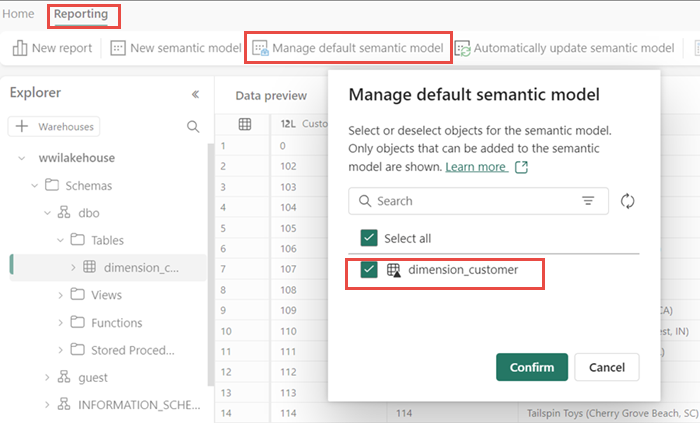 Screenshot, in dem Sie die Tabellen auswählen können, die dem Semantikmodell hinzugefügt werden sollen.