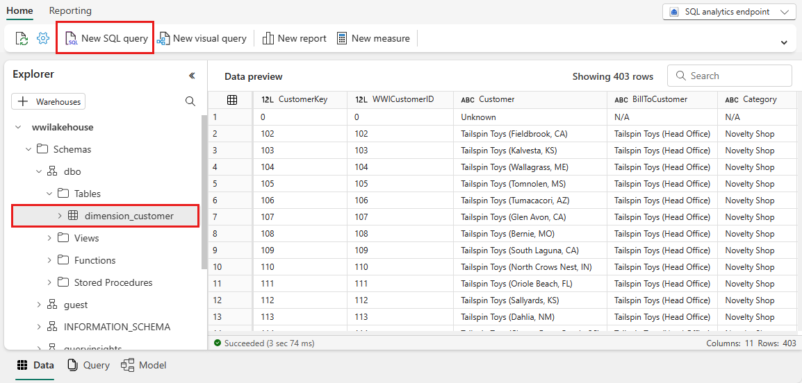 Screenshot: Bildschirm des SQL-Analyseendpunkts mit markierter Position zum Auswählen von „Neue SQL-Abfrage“.