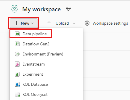 Screenshot: Erstellen einer neuen Datenpipeline