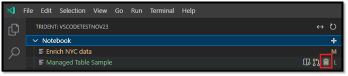 Screenshot: VS Code Explorer mit Markierung der Position der Option „Notebook löschen“.