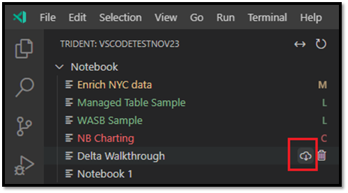 Screenshot: Notebookliste im VS Code-Explorer mit Markierung der Option zum Herunterladen des Notebooks.