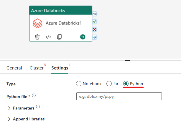 Screensho mit dem Python-Typ der Azure Databricks-Aktivität.