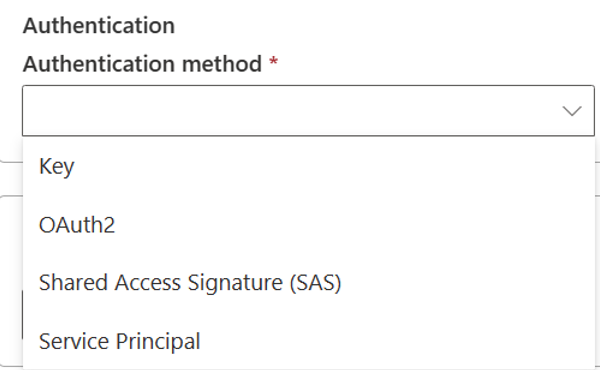 Screenshot: Authentifizierungsmethode für Azure Data Lake Storage Gen2