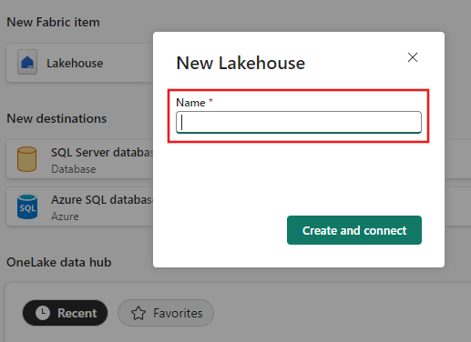 Screenshot: Die Schaltfläche „Neues Lakehouse erstellen“ ist auf der Seite „Datenziel auswählen“ des Assistenten zum Kopieren von Daten ausgewählt.