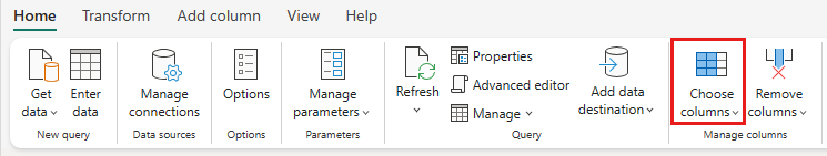 Screenshot showing the Choose columns button on the Home tab of the dataflow editor.