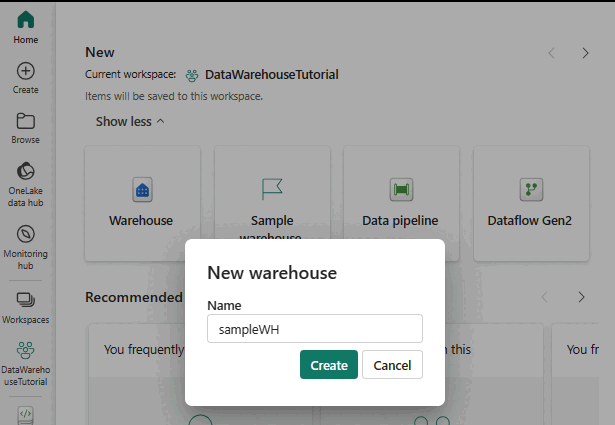 Screenshot der Benutzeroberfläche zum Erstellen eines Warehouse im Start-Hub.