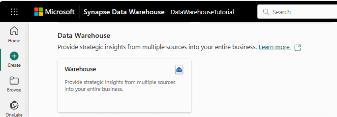 Der Screenshot zeigt, wo die Karte „Warehouse“ im Hub „Erstellen“ ausgewählt wird.