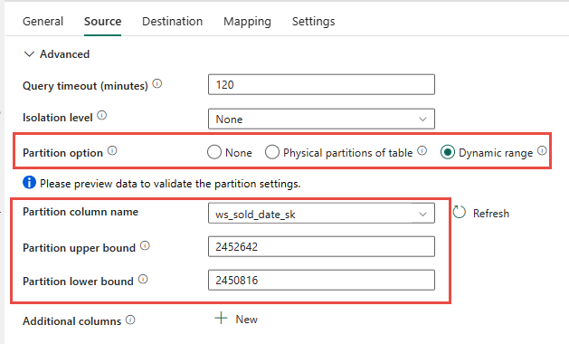 Screenshot einer Datenpipeline, die die Option zum Angeben des Primärschlüssels oder des Datums für die dynamische Partitionierungsspalte darstellt.