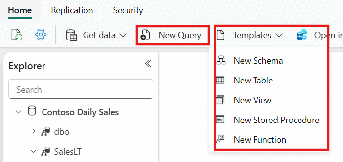 Screenshot des SQL-Abfrage-Editors und Vorlagen im Fabric-Portal.