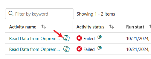 Screenshot des Copilot Symbols neben einer fehlgeschlagenen Datenpipelineausführung.