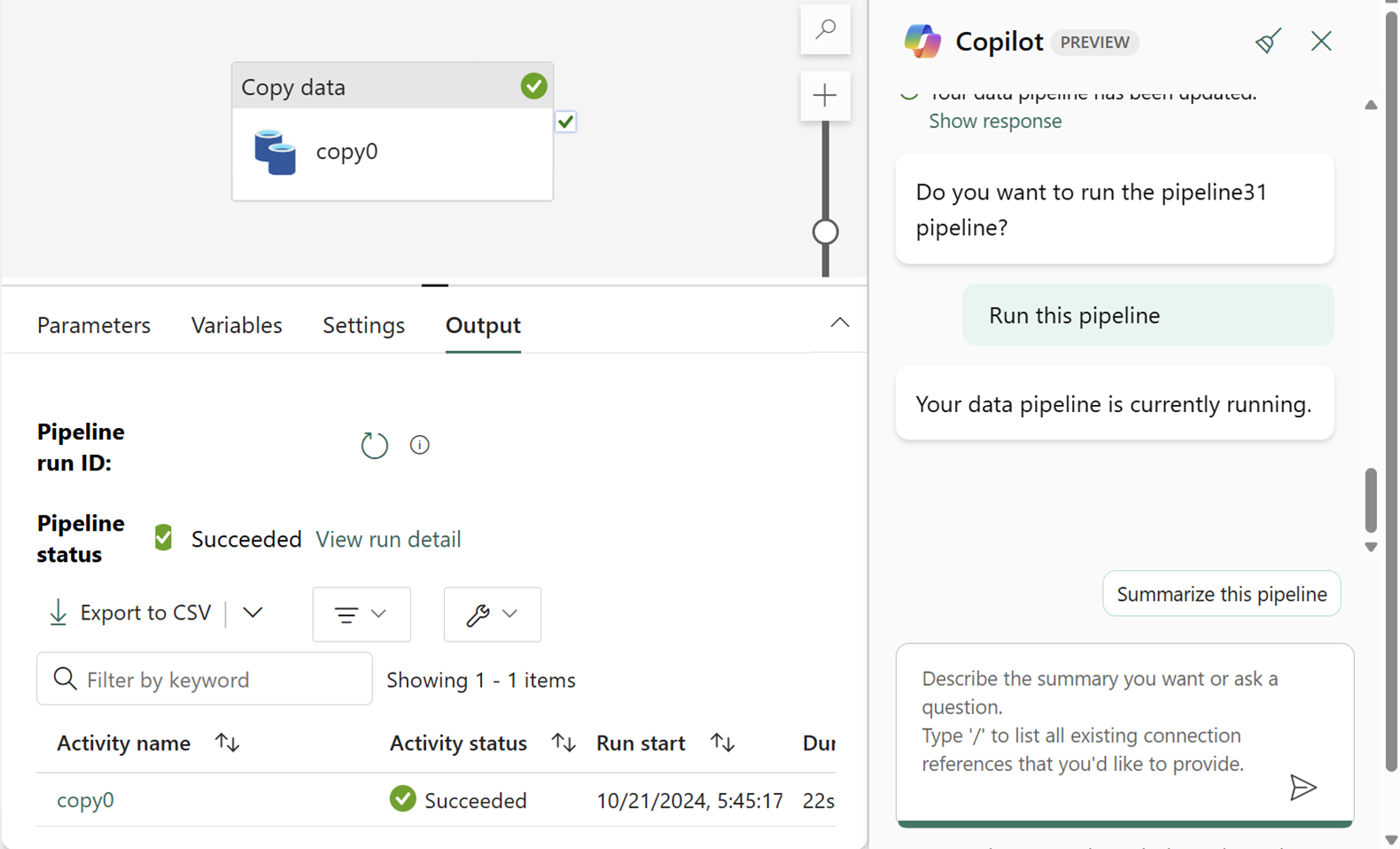 Screenshot des Copilot Fensters, in dem die Pipeline abgeschlossen und zusammengefasst ist.