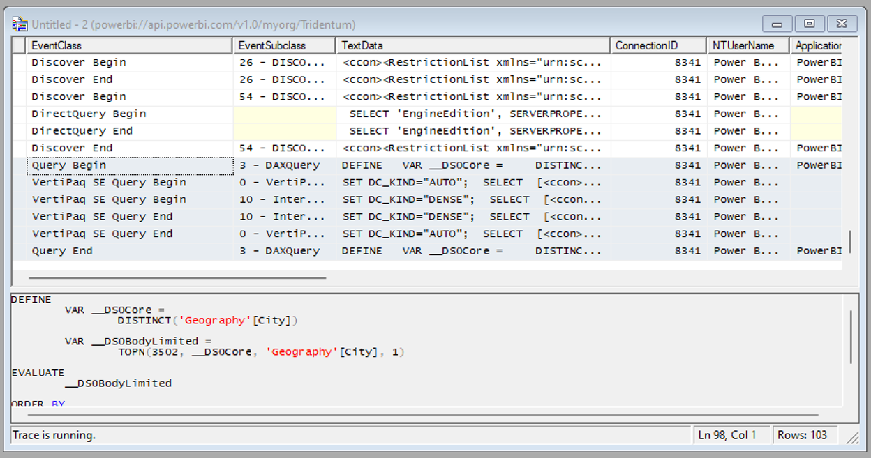 Screenshot: Abfrageverarbeitungsereignisse im SQL Server Profiler.