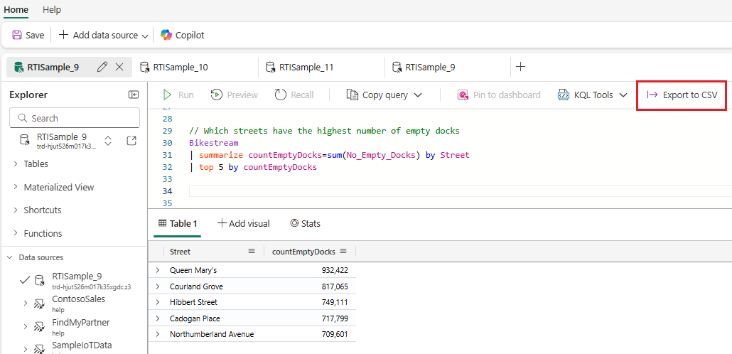 Screenshot: Registerkarte „Start“ der KQL-Abfragesprache mit der hervorgehobenen Option „Ergebnisse in CSV exportieren“.