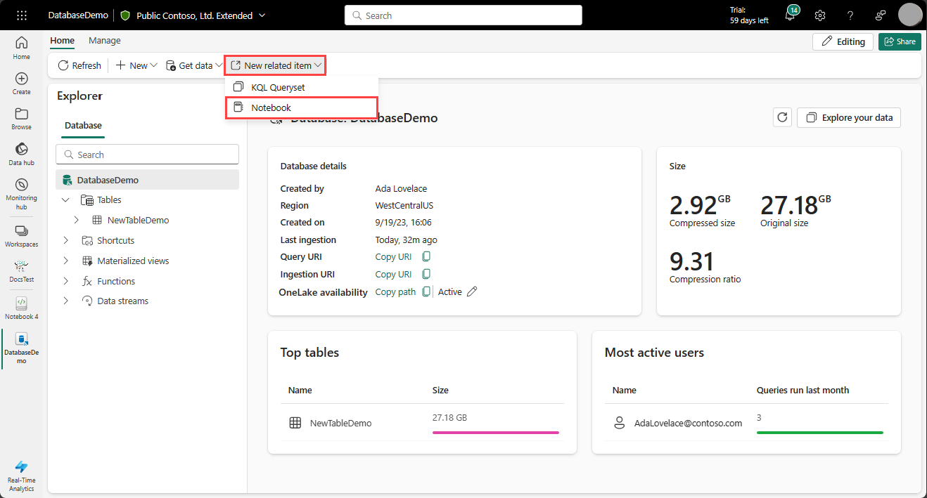 Screenshot des Erstellens eines Notebooks als verwandtes Element in einer KQL-Datenbank.