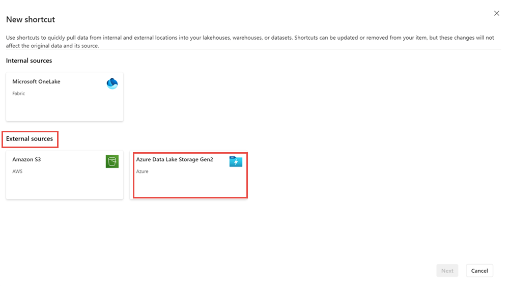 Screenshot der Auswahl von Azure Data Lake Storage Gen2 als externe Quelle.