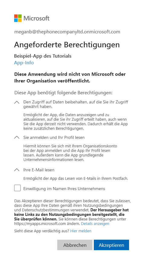 Zustimmungsdialogfeld für Microsoft-Konto