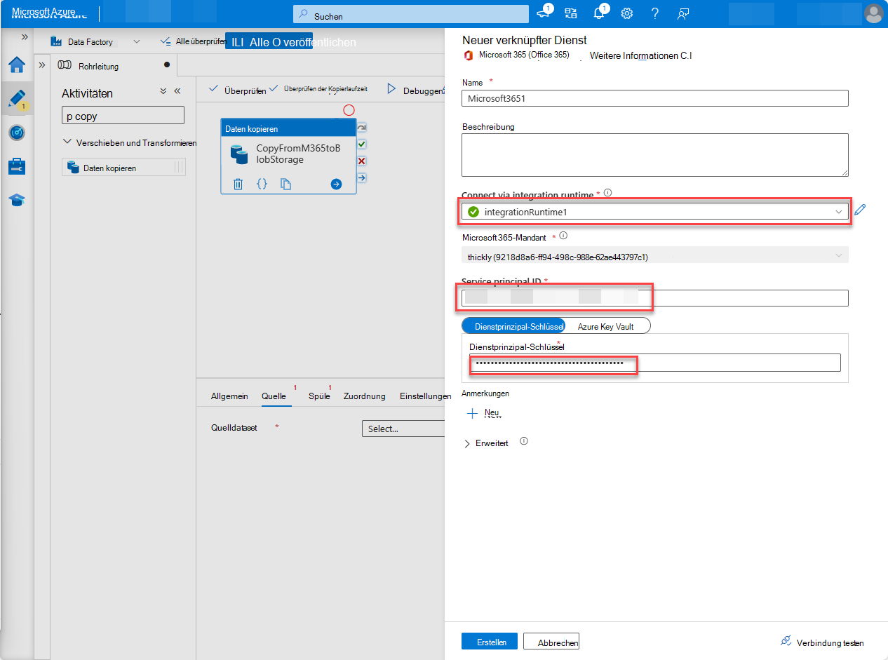 Screenshot der Data Factory-Dienstseite im Azure-Portal mit konfiguriertem Dienstprinzipalschlüssel