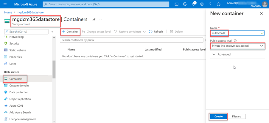 Screenshot: Erstellung eines neuen Containers mit dem Namen m365mails in den Blobcontainern des Speicherkontos im Azure-Portal.