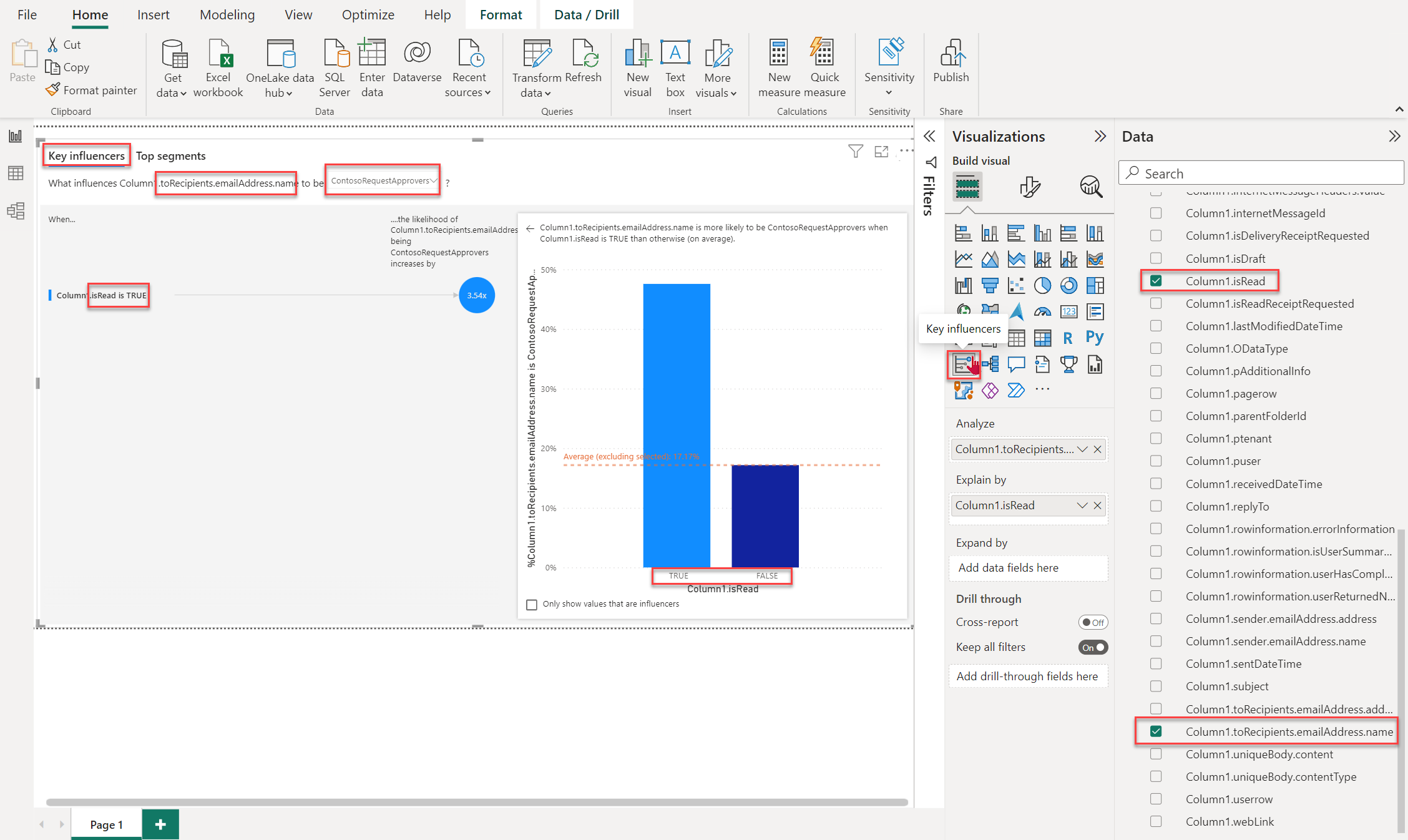 Screenshot, der alle Spalten mit Inhalten zeigt, die in einer Tabelle in Power BI angezeigt werden.