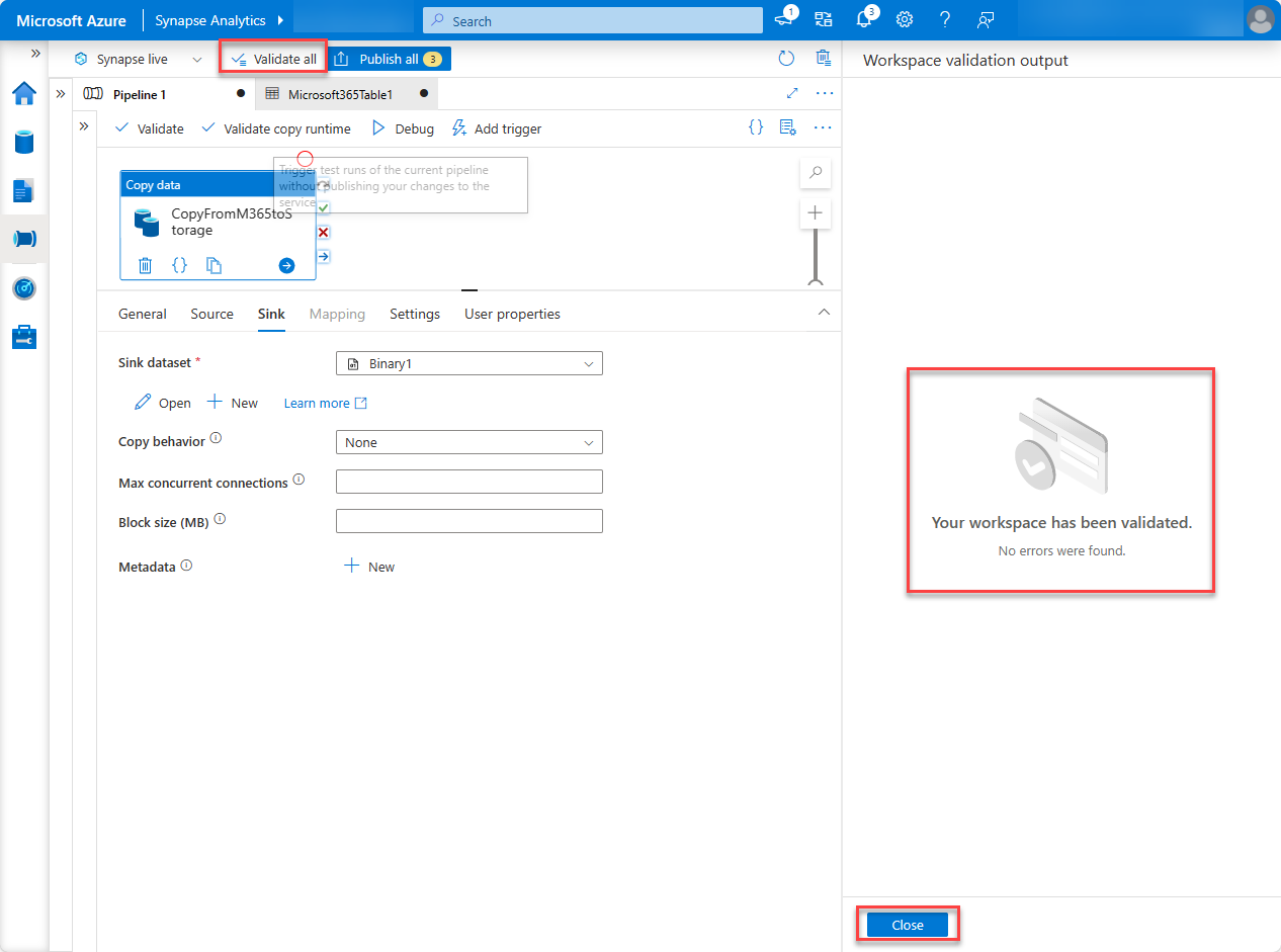 Screenshot der Synapse Analytics-Pipeline mit hervorgehobener Option 