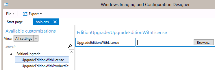 Upgrade Edition mit ausgewählter Lizenzeinstellung.