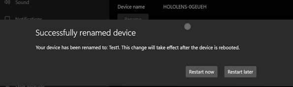 Screenshot, der zeigt, dass HoloLens 2 erfolgreich umbenannt wurde.