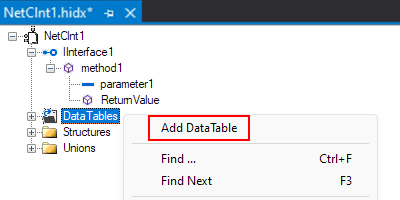 Screenshot: Standard Entwurfsansicht, das Kontextmenü DataTables und die ausgewählte Option für DataTable hinzufügen.