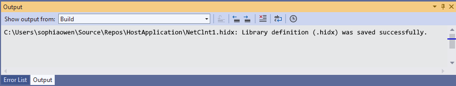 Screenshot: Visual Studio-Ausgabefenster mit HIDX-Dateispeicherort