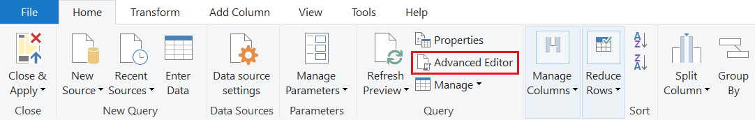 Screenshot der Power BI-Option „Erweiterter Abfrage-Editor“ in Power BI Desktop.